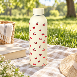 مطارة ماء بنقشة الكرز – لون كريمي Cherry Pattern Water Bottle – Cream