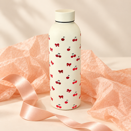 مطارة ماء بنقشة الكرز – لون كريمي Cherry Pattern Water Bottle – Cream