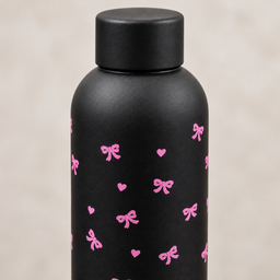 مطارة ماء سوداء بنقشة فيونكات وردية Black Water Bottle with Pink Bows