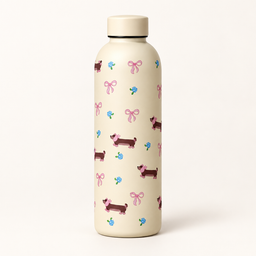مطارة كريمية بنقشة كلاب وفيونكات Cream Water Bottle with Puppies and Bows