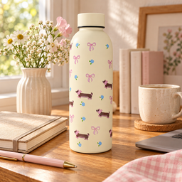 مطارة كريمية بنقشة كلاب وفيونكات Cream Water Bottle with Puppies and Bows