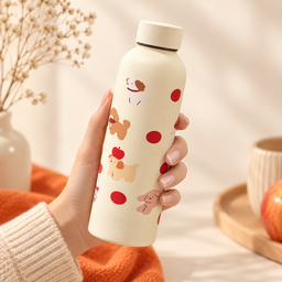 مطارة ماء كريمية بنقشة الجراء والتفاح Cream Water Bottle with Puppies and Apples