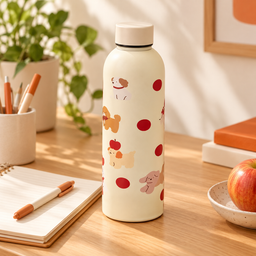 مطارة ماء كريمية بنقشة الجراء والتفاح Cream Water Bottle with Puppies and Apples
