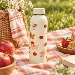 مطارة ماء كريمية بنقشة الجراء والتفاح Cream Water Bottle with Puppies and Apples