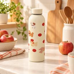 مطارة ماء كريمية بنقشة الجراء والتفاح Cream Water Bottle with Puppies and Apples