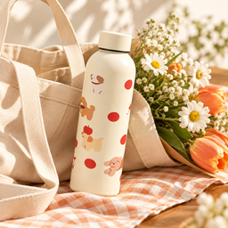 مطارة ماء كريمية بنقشة الجراء والتفاح Cream Water Bottle with Puppies and Apples