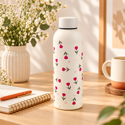 مطارة ماء كريمية بنقشة زهور وردية صغيرة Cream Water Bottle with Tiny Pink Flowers