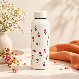 مطارة ماء كريمية بنقشة زهور وردية صغيرة Cream Water Bottle with Tiny Pink Flowers
