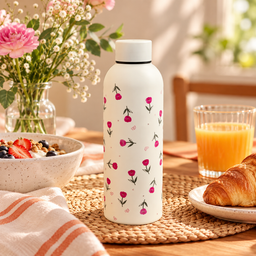 مطارة ماء كريمية بنقشة زهور وردية صغيرة Cream Water Bottle with Tiny Pink Flowers