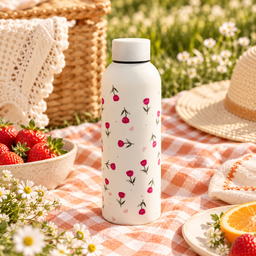 مطارة ماء كريمية بنقشة زهور وردية صغيرة Cream Water Bottle with Tiny Pink Flowers