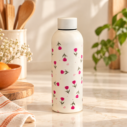 مطارة ماء كريمية بنقشة زهور وردية صغيرة Cream Water Bottle with Tiny Pink Flowers