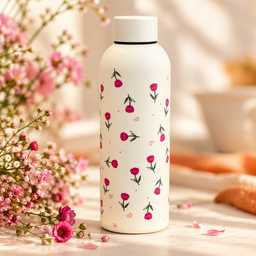 مطارة ماء كريمية بنقشة زهور وردية صغيرة Cream Water Bottle with Tiny Pink Flowers