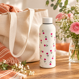 مطارة ماء كريمية بنقشة زهور وردية صغيرة Cream Water Bottle with Tiny Pink Flowers