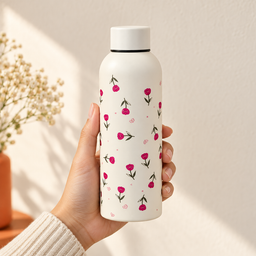 مطارة ماء كريمية بنقشة زهور وردية صغيرة Cream Water Bottle with Tiny Pink Flowers