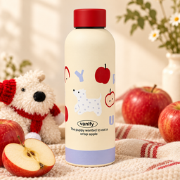 مطارة ماء كريمية بغطاء أحمر – تفاحة أو جرو Cream Water Bottle with Red Lid – Apple or Puppy