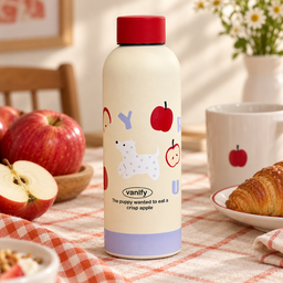 مطارة ماء كريمية بغطاء أحمر – تفاحة أو جرو Cream Water Bottle with Red Lid – Apple or Puppy
