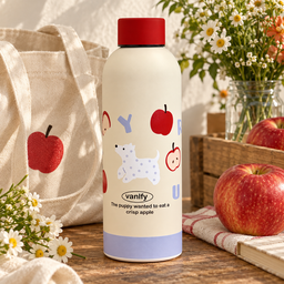 مطارة ماء كريمية بغطاء أحمر – تفاحة أو جرو Cream Water Bottle with Red Lid – Apple or Puppy