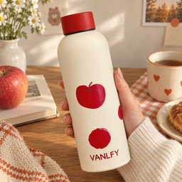 مطارة ماء كريمية بغطاء أحمر – تفاحة أو جرو Cream Water Bottle with Red Lid – Apple or Puppy