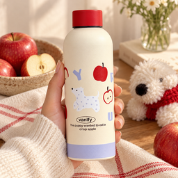 مطارة ماء كريمية بغطاء أحمر – تفاحة أو جرو Cream Water Bottle with Red Lid – Apple or Puppy