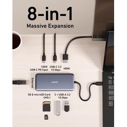 محطة توصيل Anker 555 USB-C (8 في 1) ومحول PowerExpand، يدعم دقة 4K بمعدل تحديث 60 هرتز عبر HDMI Anker 555 USB-C Docking Hub (8-in-1) PowerExpand Adapter, 4K 60Hz HDMI