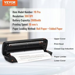 طابعة حرارية محمولة من VEVOR - بطارية بسعة 2600 مللي أمبير في الساعة، دقة 300 نقطة في البوصة، VEVOR Portable Thermal Printer - 2600mAh Battery, 300 DPI, Bluetooth Inkless Mobile Printer for A4, A5 & 8.5" x 11" Thermal
