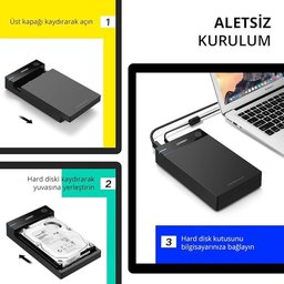 حافظة خارجية من UGREEN لمحركات الأقراص الصلبة (HDD) مقاس 3.5 بوصة بمنفذ SATA وUSB 3.0 (لون أسود) UGREEN SATA External Enclosure HDD 3.5 Inches USB 3.0 (Black)