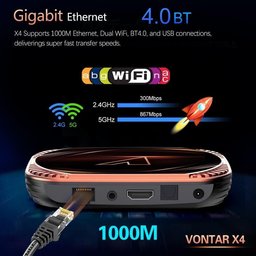 جهاز VONTAR X4 Smart TV Box يدعم شبكة Wi-Fi مزدوجة التردد (2.4 جيجاهرتز / 5.0 جيجاهرتز) ودقة 8K Ultra HD. VONTAR X4 TV Box, Support 2.4G/5.0G Dual Wifi 8K Utral HD Ram4/32