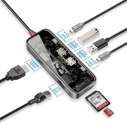 موزع USB-C بروميت TransHub-mini ثمانية في واحد بتصميم شفاف ودعم PD بقدرة 100 واط Promate TransHub-mini 8-in-1 Transparent USB-C Hub with 100W Power Delivery