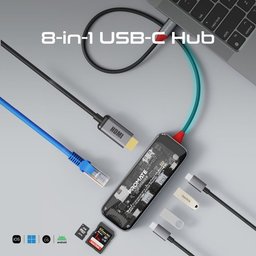 موزع USB-C بروميت TransHub-mini ثمانية في واحد بتصميم شفاف ودعم PD بقدرة 100 واط Promate TransHub-mini 8-in-1 Transparent USB-C Hub with 100W Power Delivery