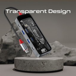 موزع USB-C بروميت TransHub-mini ثمانية في واحد بتصميم شفاف ودعم PD بقدرة 100 واط Promate TransHub-mini 8-in-1 Transparent USB-C Hub with 100W Power Delivery
