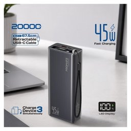 بروميت Lucid-45W باور بانك 20000 مللي أمبير 45 واط مع كابل USB-C مدمج قابل للسحب - أسود Promate Lucid-45W 20000mAh 45W Power Bank with Built-In Retractable USB-C Cable - Black