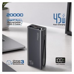 بروميت Lucid-45W باور بانك 20000 مللي أمبير 45 واط مع كابل USB-C مدمج قابل للسحب - أسود Promate Lucid-45W 20000mAh 45W Power Bank with Built-In Retractable USB-C Cable - Black