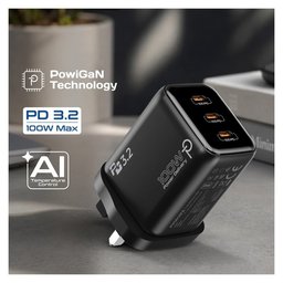 بروميت Quantum-100 شاحن GaN USB-C بقوة 100 واط مع 3 منافذ USB-C - أسود قابس بريطاني Promate Quantum-100 100W GaN USB-C Charger with 3 USB-C Ports - Black UK Plug