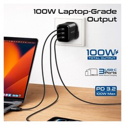 بروميت Quantum-100 شاحن GaN USB-C بقوة 100 واط مع 3 منافذ USB-C - أسود قابس بريطاني Promate Quantum-100 100W GaN USB-C Charger with 3 USB-C Ports - Black UK Plug