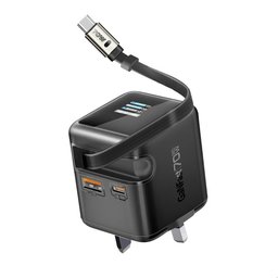 بروميت Cubix-R70 شاحن جداري GaNFast بقدرة 70W مع كيبل USB-C قابل للسحب - أسود UK Promate Cubix-R70 70W GaNFast Wall Charger with Retractable USB-C Cable - Black UK Plug