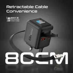 بروميت Cubix-R70 شاحن جداري GaNFast بقدرة 70W مع كيبل USB-C قابل للسحب - أسود UK Promate Cubix-R70 70W GaNFast Wall Charger with Retractable USB-C Cable - Black UK Plug