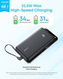 باور بانك Anker Zolo 20000mAh شحن سريع 22.5W مع كيبل USB-C مدمج - A110E Anker Power Bank 20000mAh 22.5W