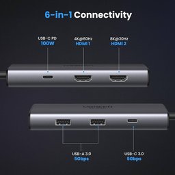 موزع UGREEN بمنفذ Type-C و6 منافذ (بما في ذلك منفذي USB 3.0) - دقة 8K بتردد 30 هرتز UGREEN 6 – in – 1 Type-C to 2 USB 3.0 Hub - 8K/30HZ