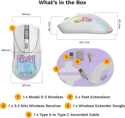 ماوس الألعاب اللاسلكي جلوريوس موديل دي 2 (Model D 2) مع إضاءة RGB - لون أبيض مطفي Glorious Model D 2 Wireless RGB Gaming Mouse - Matte White