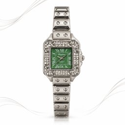 ساعة نسائية فضية مربعة بميناء أخضر من Eliyina Eliyina Women's Silver Square Green Dial Watch