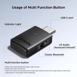 محول صوت بلوتوث بمنفذ Type-C من UGREEN / يدعم نمطي البلوتوث: الكلاسيكي (Classic) ومنخفض الطاقة (LE Audio) UGREEN Type-C Bluetooth Transmitter Audio Adapter / Bluetooth Classic & LE Audio Dual Mode
