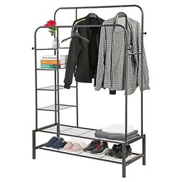 حامل ملابس معدني مزدوج شديد التحمل Heavy Duty Double Clothes Rail with Side Shelves and Shoe Racks