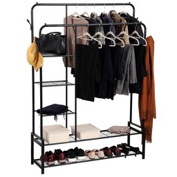 حامل ملابس معدني مزدوج شديد التحمل Heavy Duty Double Clothes Rail with Side Shelves and Shoe Racks