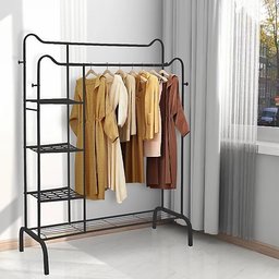 حامل ملابس معدني مزدوج شديد التحمل Heavy Duty Double Clothes Rail with Side Shelves and Shoe Racks