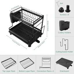 مجفف أطباق (مطبخ) معدني مكون من طابقين باللون الأسود المطفي 2-tier matte black metal dish drying rack