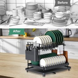 مجفف أطباق (مطبخ) معدني مكون من طابقين باللون الأسود المطفي 2-tier matte black metal dish drying rack