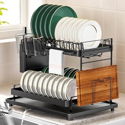 مجفف أطباق (مطبخ) معدني مكون من طابقين باللون الأسود المطفي 2-tier matte black metal dish drying rack
