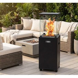 مدفئة غازية خارجية زجاجية مع لهب ديكوري وعجلات Outdoor Glass Gas Patio Heater with Decorative Flame and Wheels