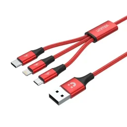 يونيتيك C4049RD كابل شحن 3 في 1 يو إس بي-إيه إلى يو إس بي-سي، لايتنينج ومايكرو يو إس بي - 1.2 متر أحمر UNITEK C4049RD 3-in-1 USB-A Charging Cable to USB-C, Lightning & Micro-USB - 1.2m Red