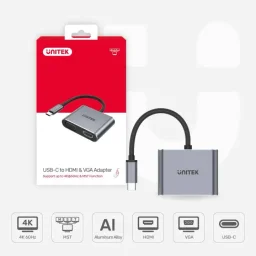 يونيتيك V1126A محول عرض مزدوج يو إس بي-سي إلى HDMI 2.0 4K@60Hz و VGA - رمادي فلكي UNITEK V1126A USB-C to HDMI 2.0 4K@60Hz and VGA Dual Display Adapter - Space Grey